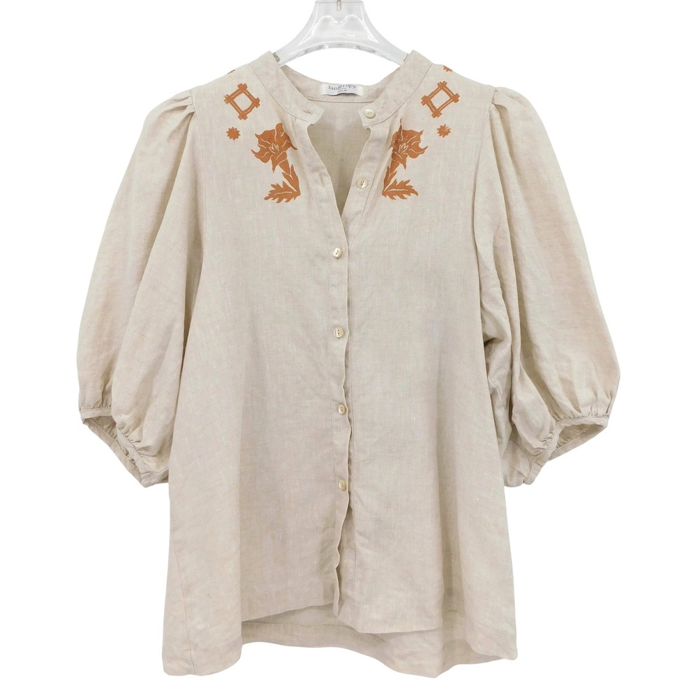 Lanhtropy Bubble Linen Shirt Womens Medium Oatmeal Beige Embroidered Puff Sleeve
